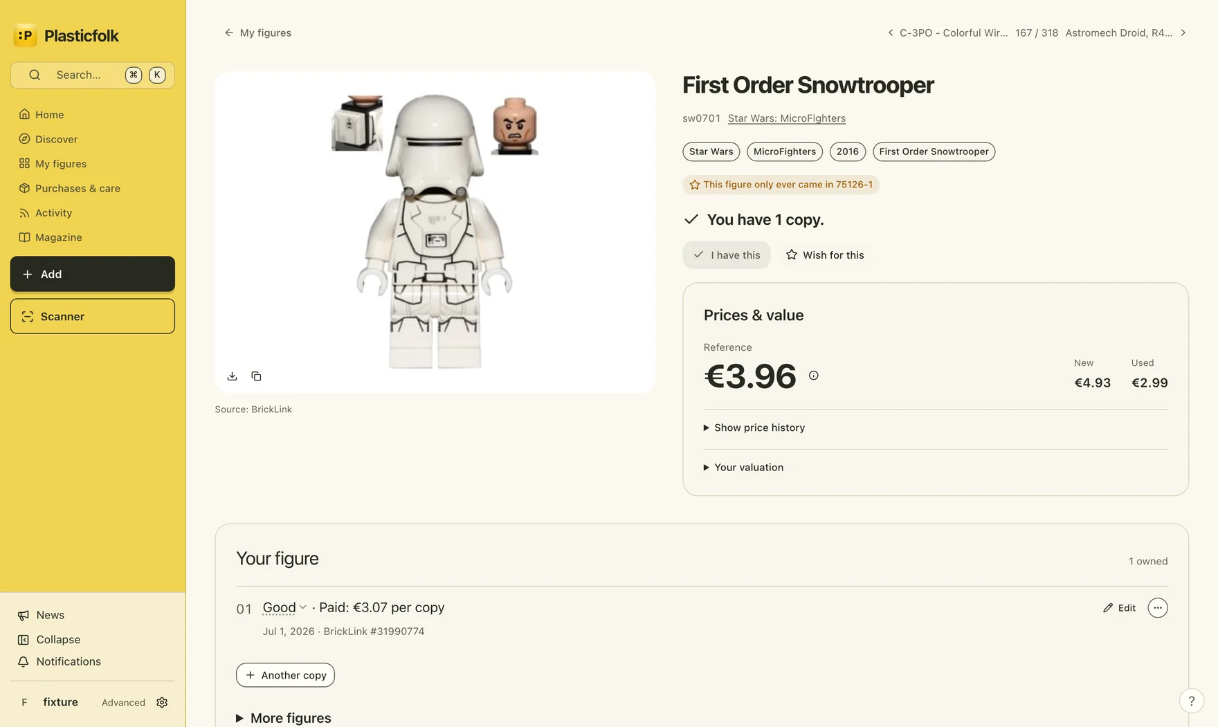 Original view: First Order Snowtrooper with catalogue reference and purchase costs
