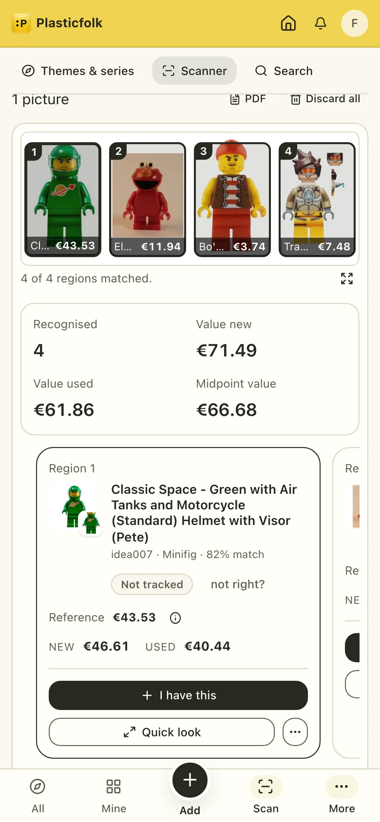 Mobile scanner with identified figures and actual catalogue prices