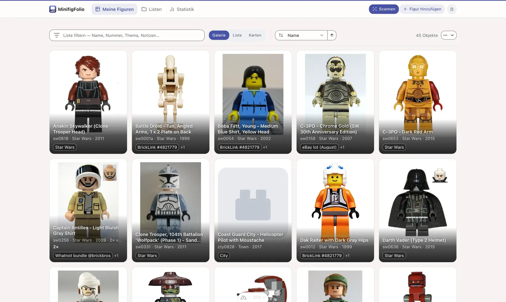 The gallery view with minifigures as picture tiles