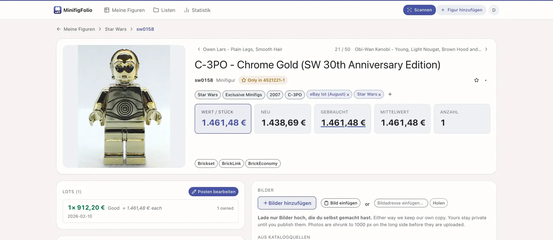 A figure's detail page with market values and the price paid